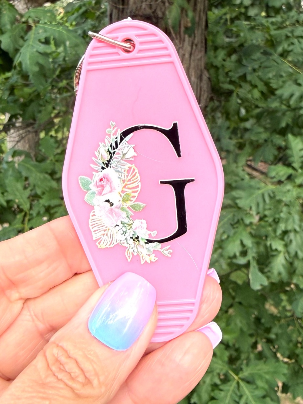Vintage style motel key 3.5” keychain pink floral initial G gift idea